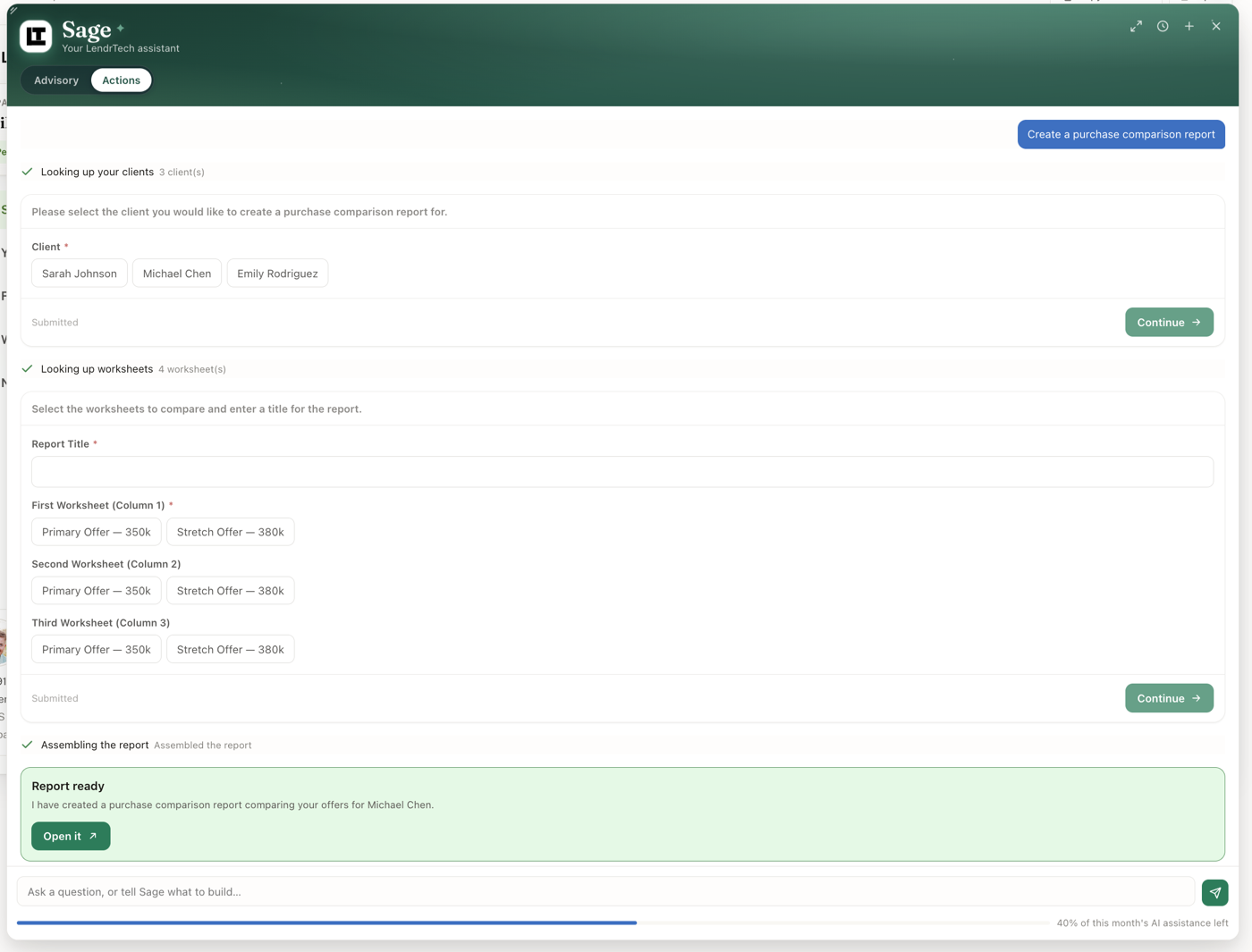 Sage in Actions mode: step rows ticking off, then a Report ready card with an Open it button