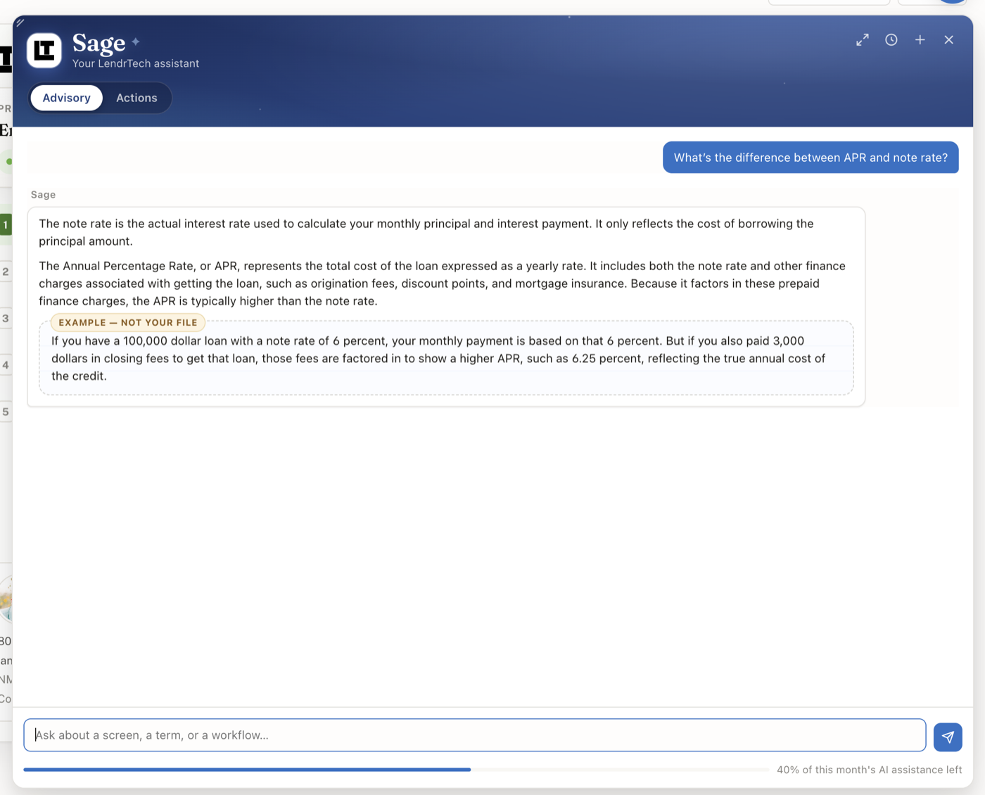 The Sage panel answering a concept question, with the worked example marked “Example — not your file”