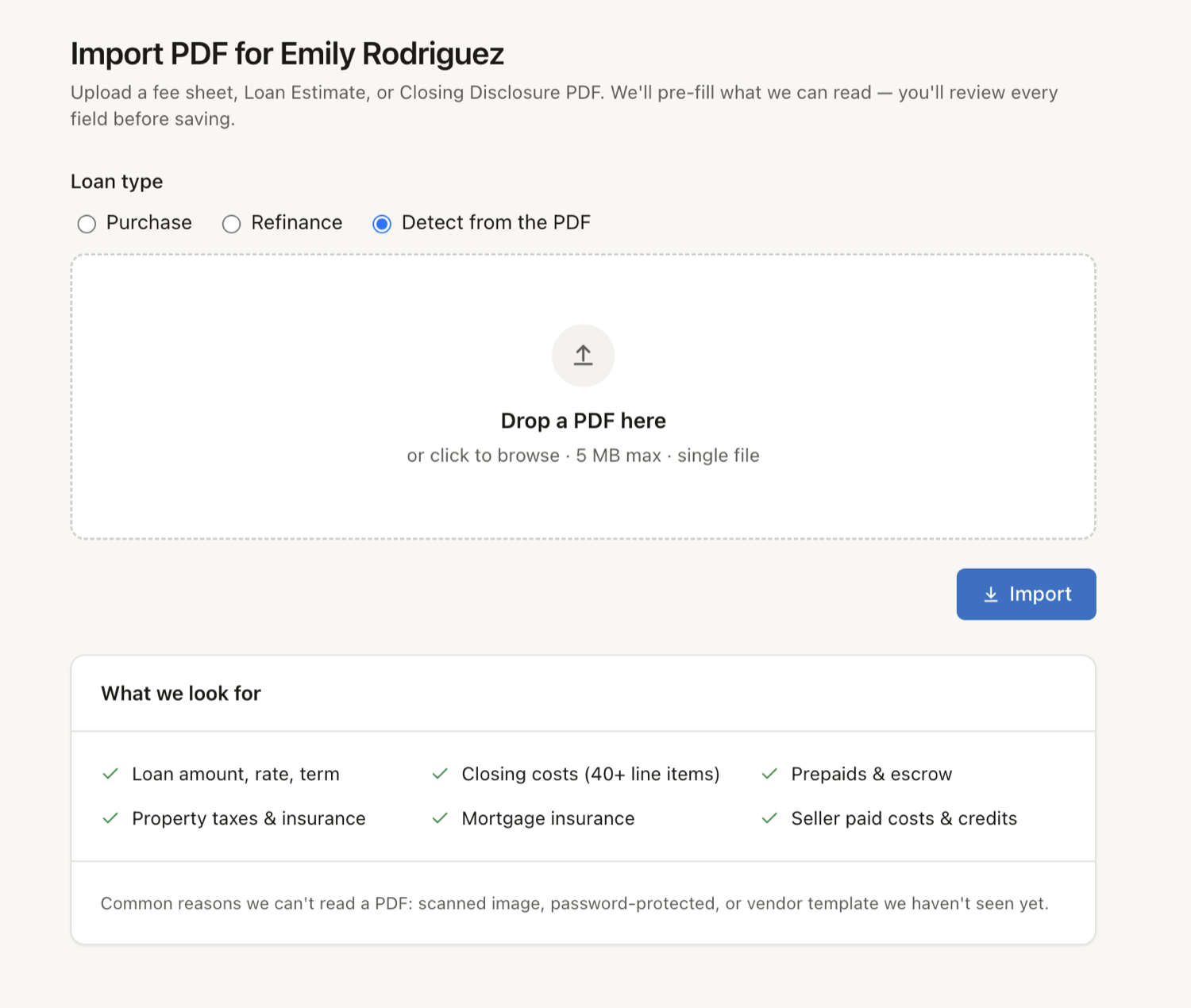 The import screen: a Loan type choice, a drop area for the PDF, and a panel listing what the importer looks for