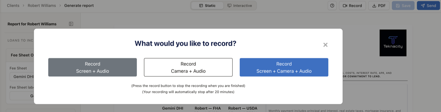 The recording chooser in the report builder: record screen and audio, camera and audio, or all three